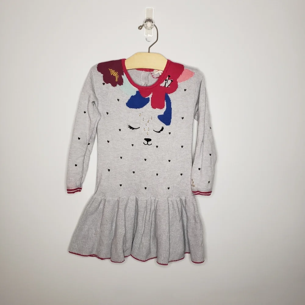 Catimini 4 Toddler Girl Long Sleeve Sweater Dress Heart Floral Animal Design